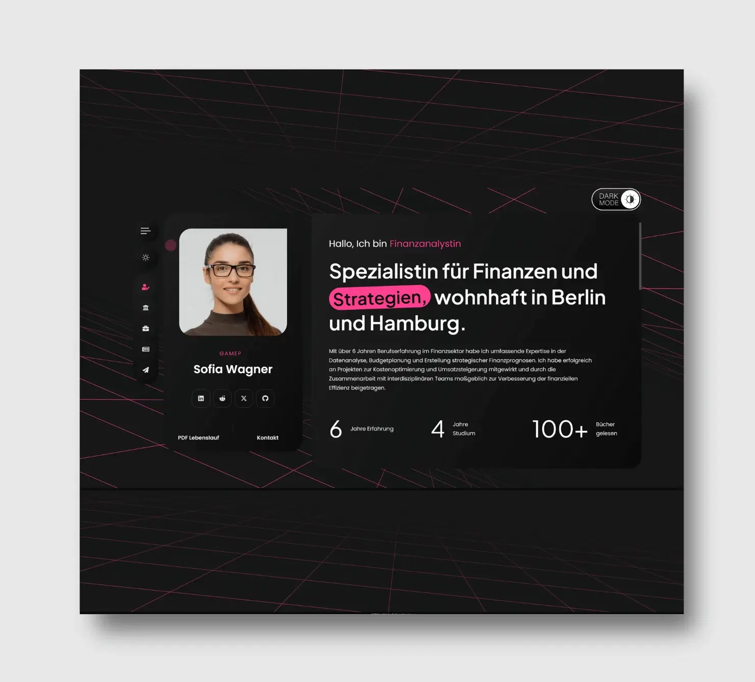 FinExpert Bewerbungs-Homepage für Freelancer und Coaches und Jobsuchende im Dark Design